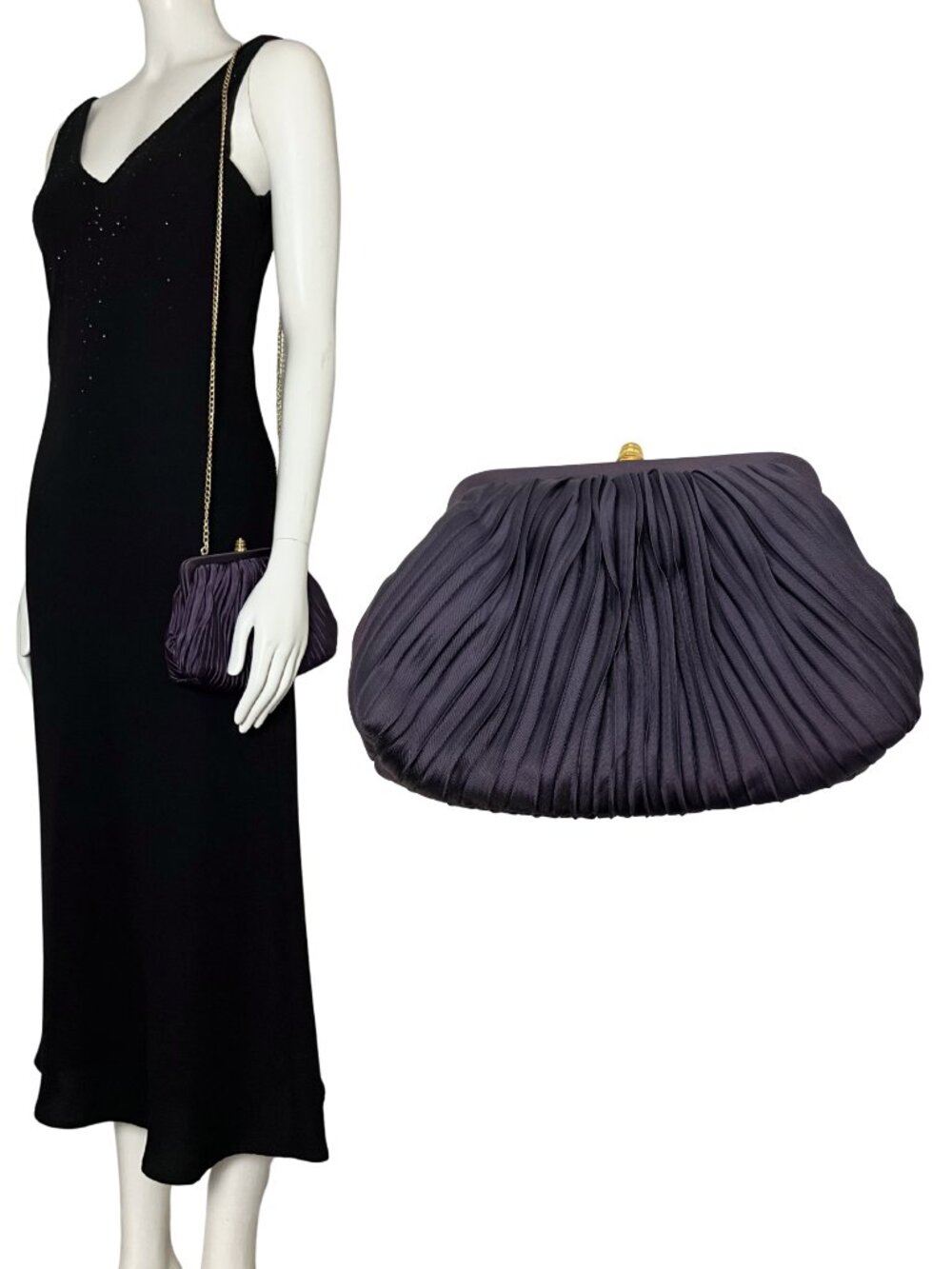 Vintage 90s Purple Satin Pleated Kiss Lock Clutch Evening Bag Gold Chain Formal